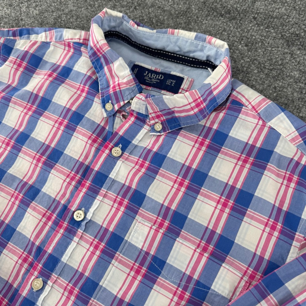 Jared Bros Clothiers Shirt Men L LS Classic Cotton Plaid Blue Pink Preppy Casual